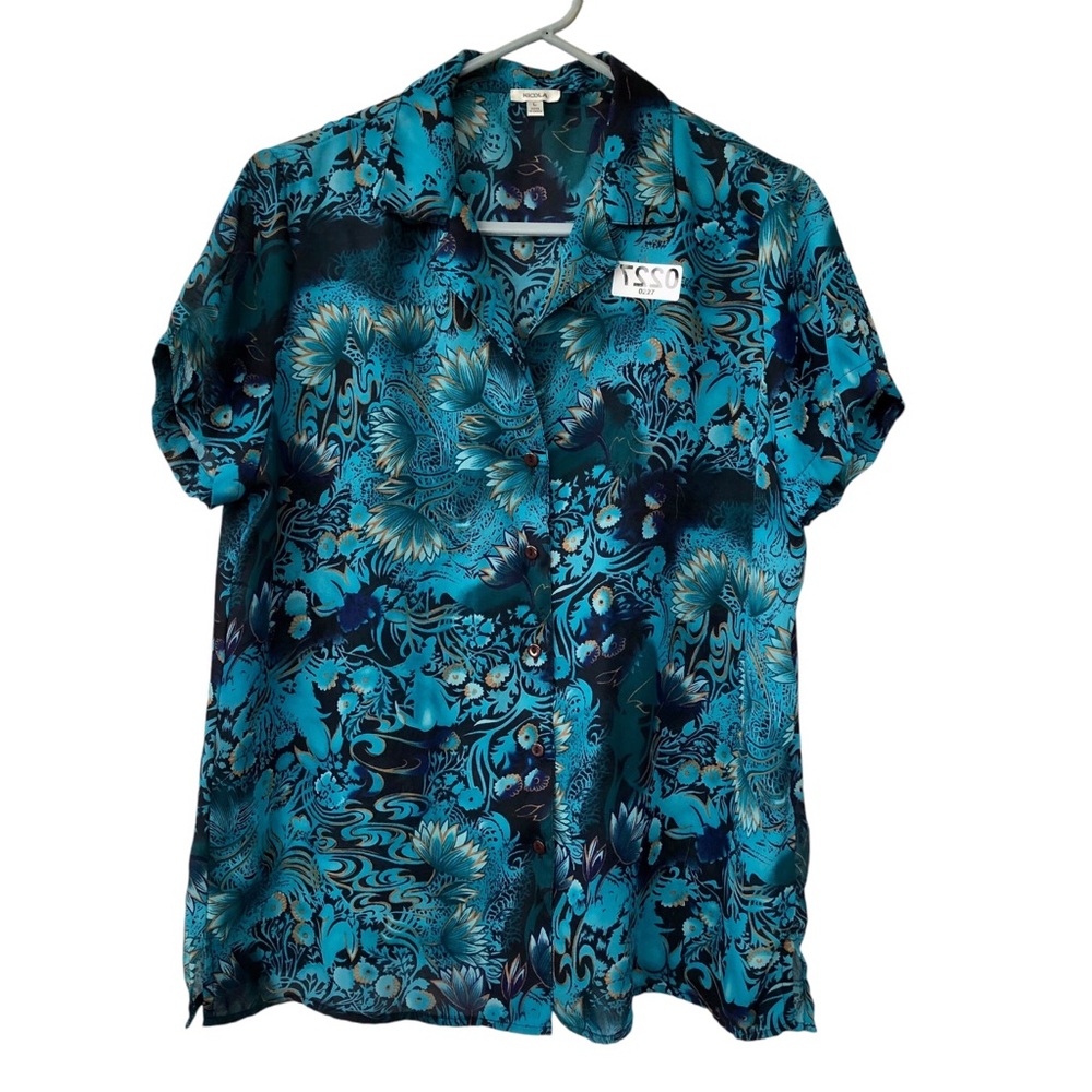 Nicola Turquoise Blue Floral Long Sleeve Blouse (Lg)
